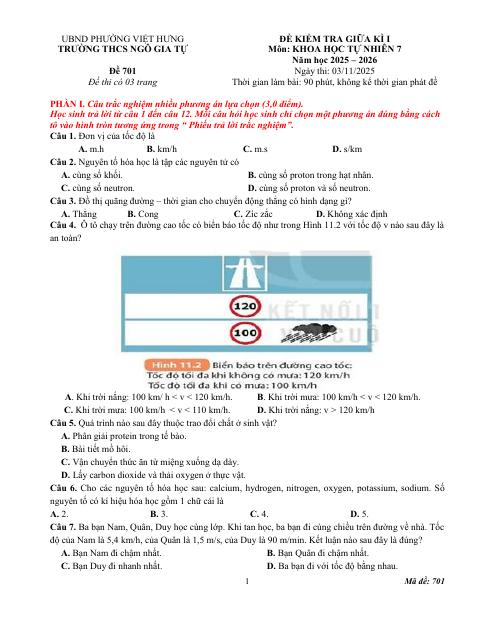 Đề thi Giữa kì 1 KHTN 7 năm 2025-2026 trường THCS Ngô Gia Tự (Hà Nội)